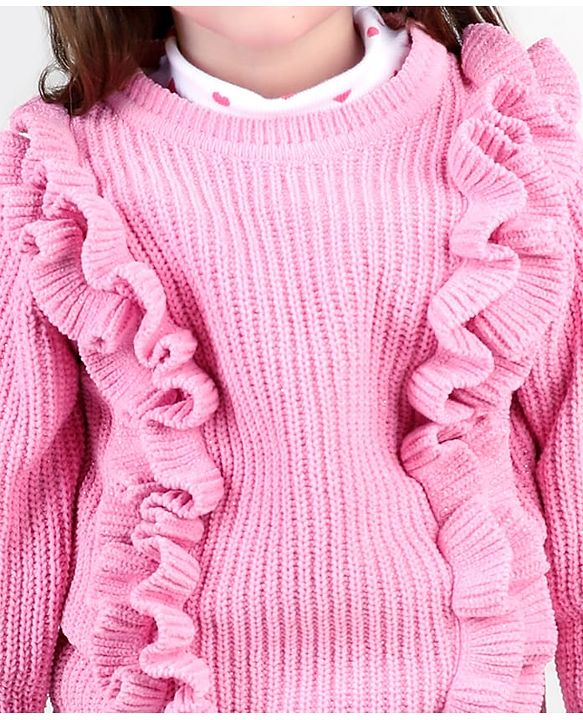 Babyhug Knitted Full Sleeves Pullover Sweater with Frill Detailing -Pink