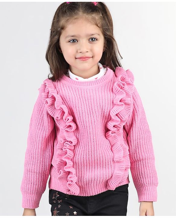 Babyhug Knitted Full Sleeves Pullover Sweater with Frill Detailing -Pink