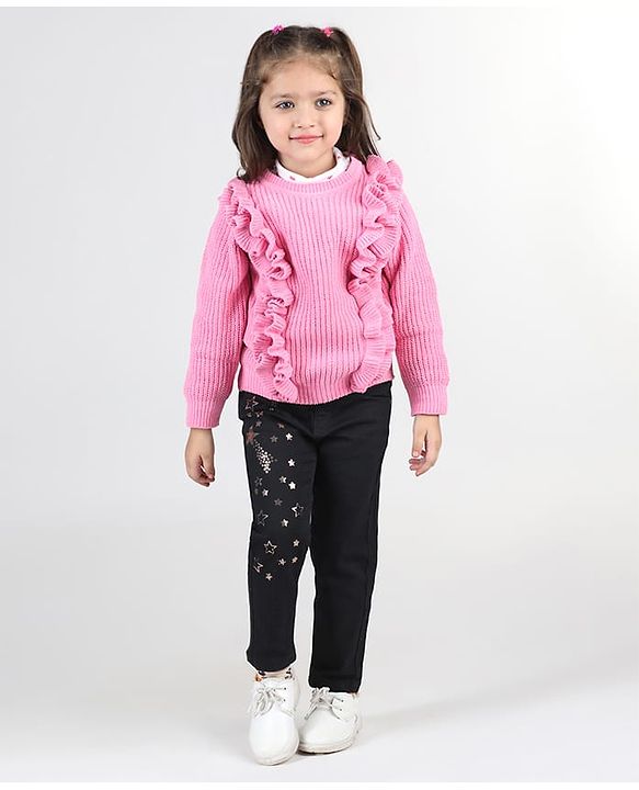 Babyhug Knitted Full Sleeves Pullover Sweater with Frill Detailing -Pink