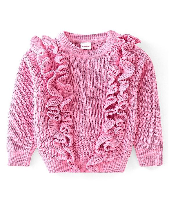 Babyhug Knitted Full Sleeves Pullover Sweater with Frill Detailing -Pink