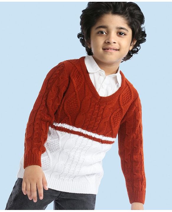 Babyhug Full Sleeves Pullover Sweater with Cable Knit Design - Rust Brown