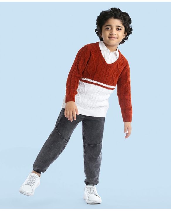 Babyhug Full Sleeves Pullover Sweater with Cable Knit Design - Rust Brown