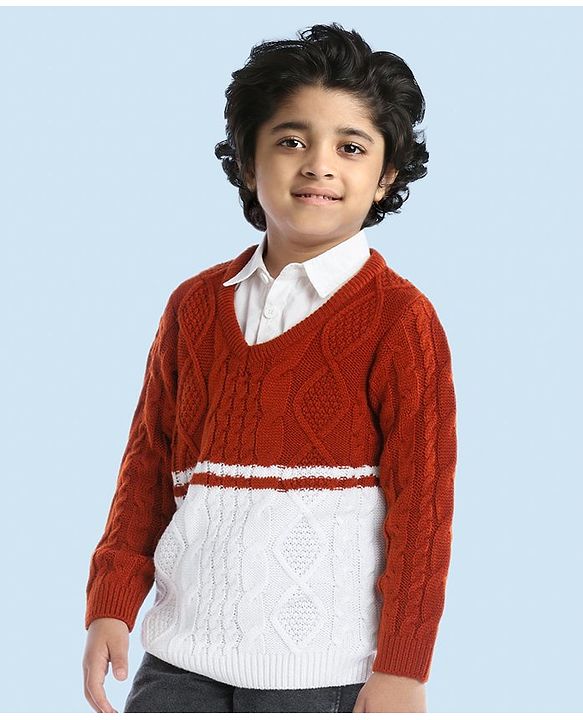 Babyhug Full Sleeves Pullover Sweater with Cable Knit Design - Rust Brown