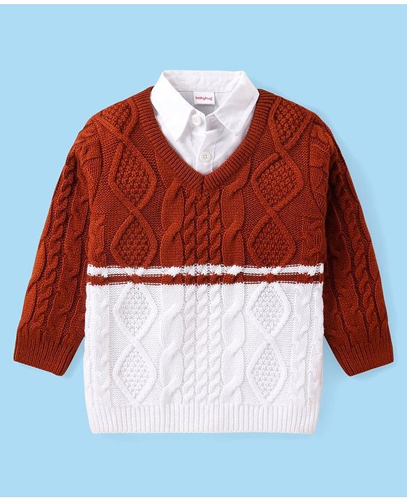 Babyhug Full Sleeves Pullover Sweater with Cable Knit Design - Rust Brown