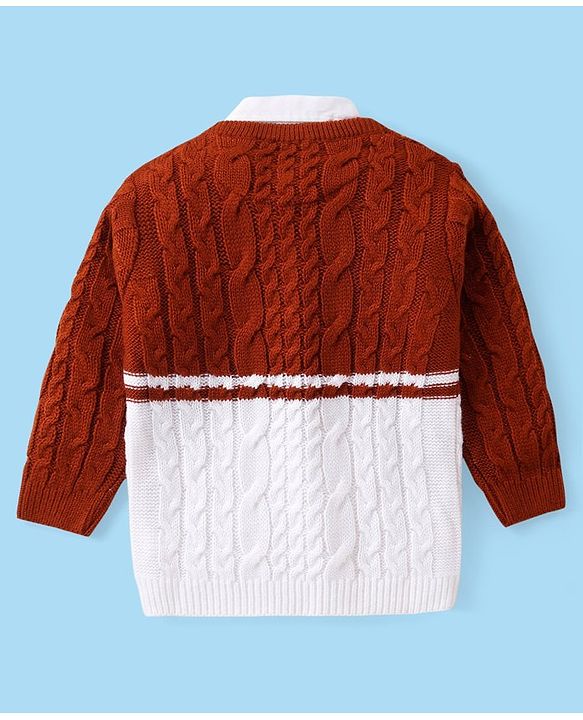 Babyhug Full Sleeves Pullover Sweater with Cable Knit Design - Rust Brown