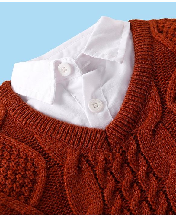 Babyhug Full Sleeves Pullover Sweater with Cable Knit Design - Rust Brown