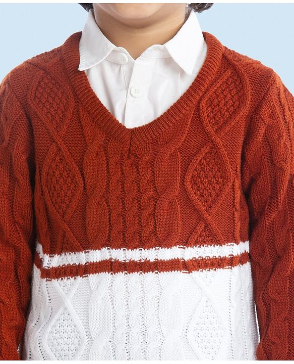 Babyhug Full Sleeves Pullover Sweater with Cable Knit Design - Rust Brown