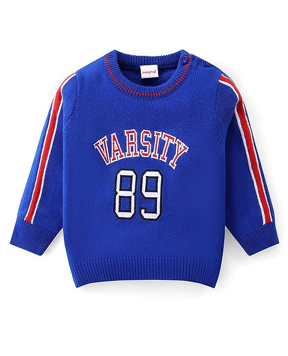 Babyhug Knitted Full Sleeves Pullover Sweater With Varsity Embroidery - Navy Blue