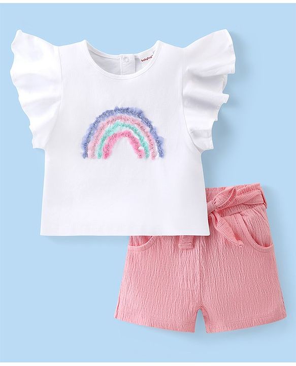 Babyhug Cotton Knit Flutter Sleeves Top & Crinkle Shorts Set With Rainbow Sequins Design - White & Pink