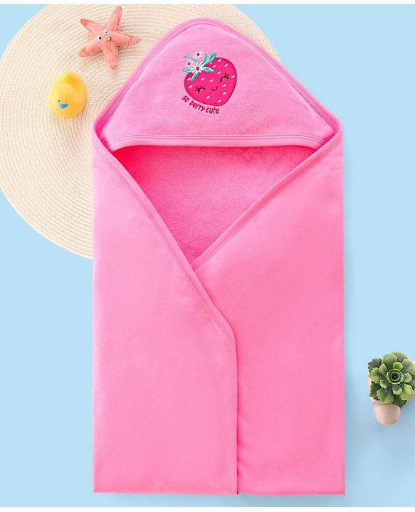 Babyhug Terry Hooded Towel Strawberry Embroidery L 75 x B 75 cm - Pink