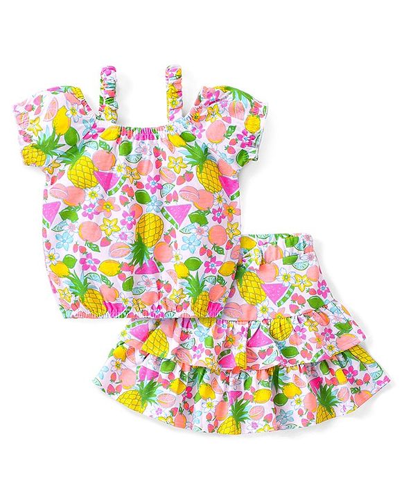 Babyhug Cotton Knit Half Sleeves Top & Skirt Set With Floral Print - Multicolor