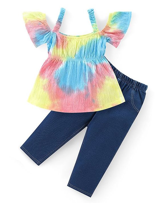 Babyhug Cotton Knit Half Sleeves Cold Shoulder Tie & Dye Top & Pants Set  - Multicolor