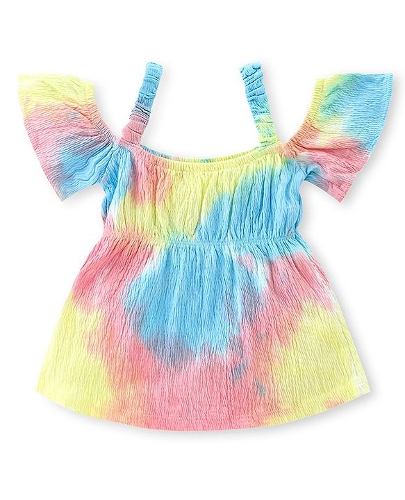 Babyhug Cotton Knit Half Sleeves Cold Shoulder Tie & Dye Top & Pants Set  - Multicolor