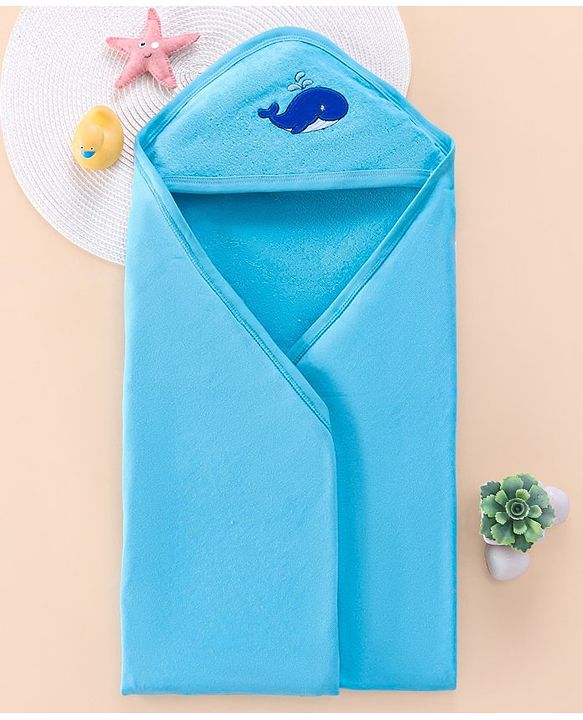 Babyhug Terry Hooded Towel with Whale Patch Detailing L 75 x B 75 cm - Aqua Blue