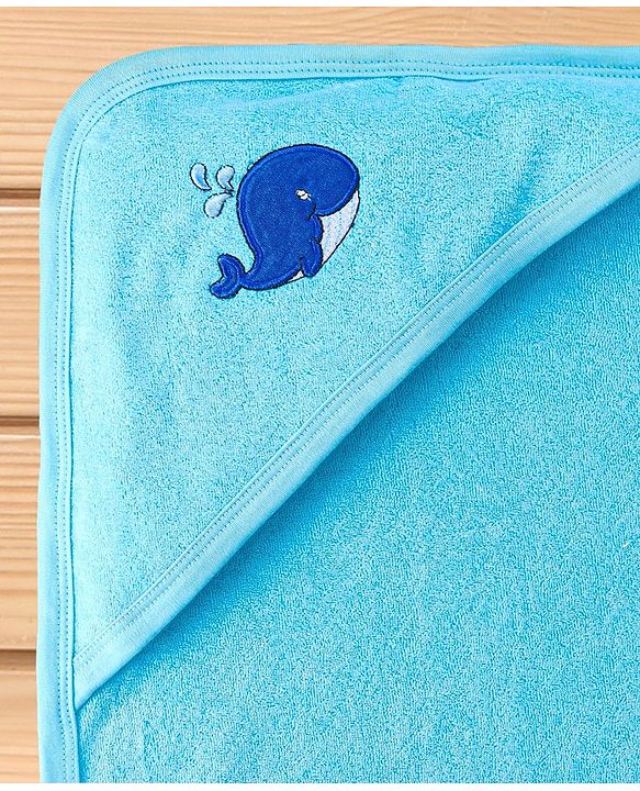 Babyhug Terry Hooded Towel with Whale Patch Detailing L 75 x B 75 cm - Aqua Blue