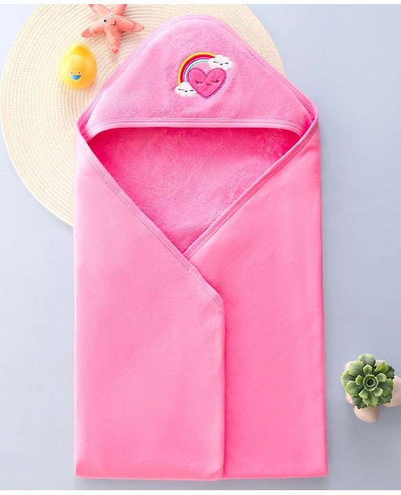 Babyhug Terry Hooded Towel Rainbow Embroidery L 75 x B 75 cm - Pink