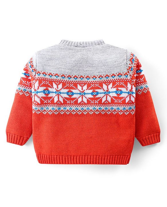 Babyhug Knitted Full Sleeves Front Open Sweater with Floral Design - Red