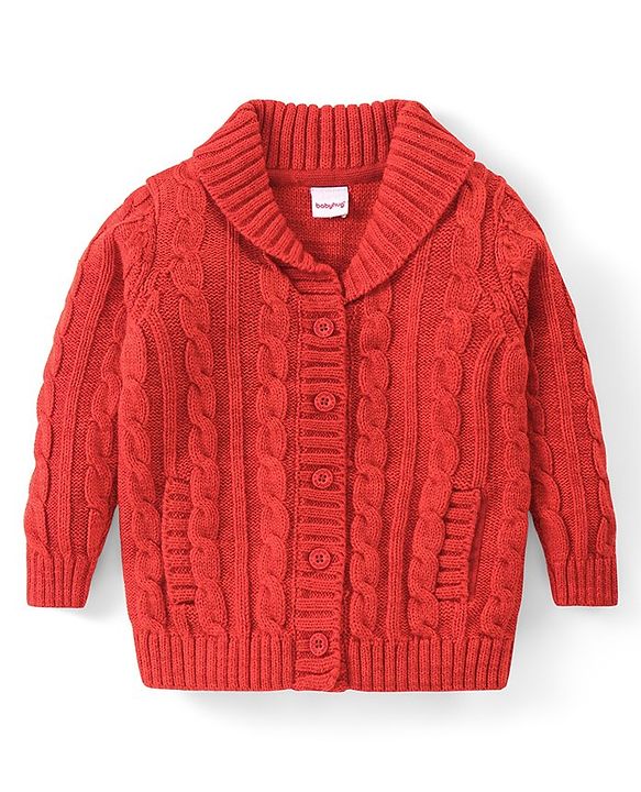 Babyhug Knitted Full Sleeves Front Open Sweater With Cable Knit Design - Red