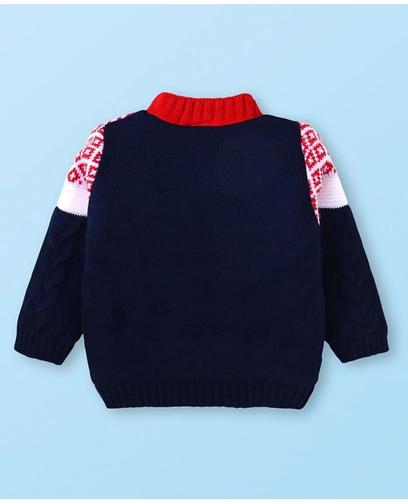 Babyhug Knitted Full Sleeves Front Open High Neck Sweater With Argyle Design - Red & Navy Blue