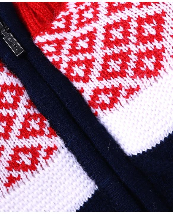 Babyhug Knitted Full Sleeves Front Open High Neck Sweater With Argyle Design - Red & Navy Blue