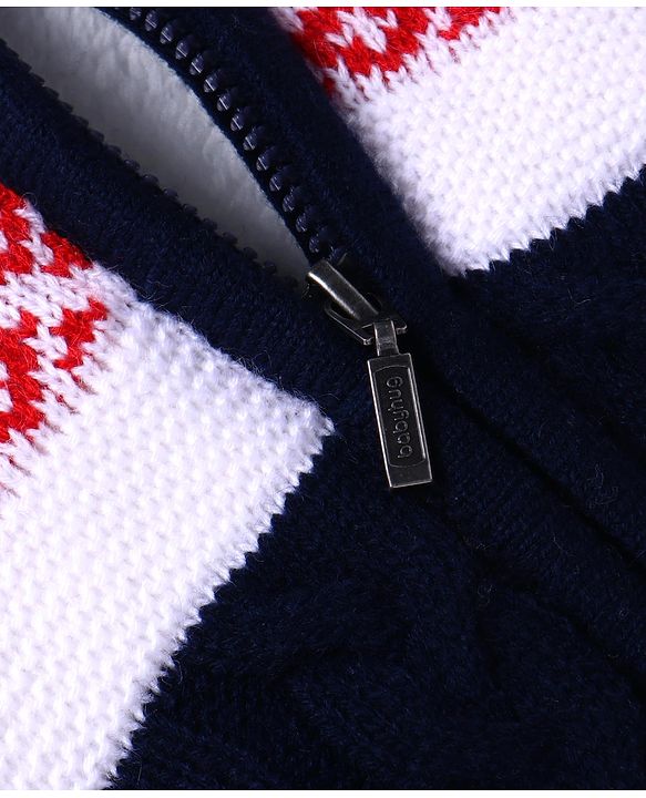 Babyhug Knitted Full Sleeves Front Open High Neck Sweater With Argyle Design - Red & Navy Blue