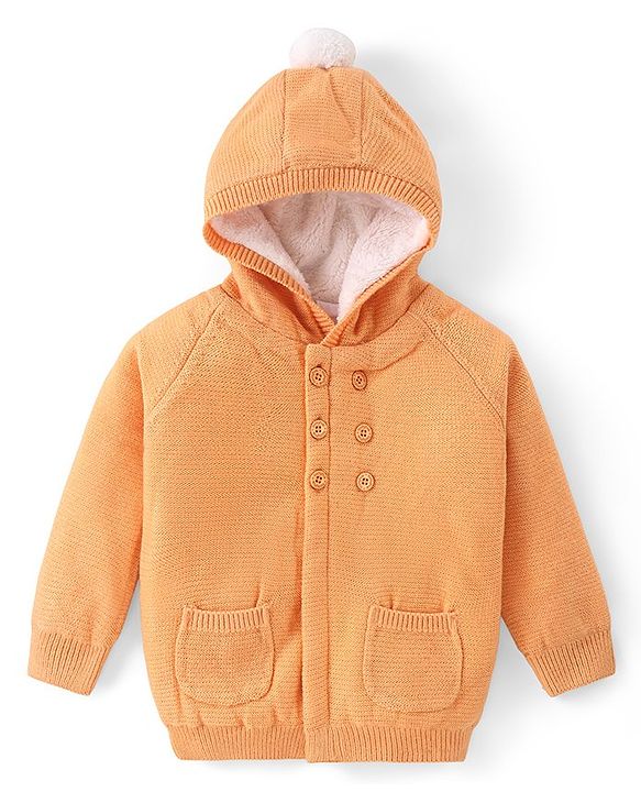 Babyhug Knit Raglan Full Sleeves Solid  Front Open Hooded Sweater- Orange