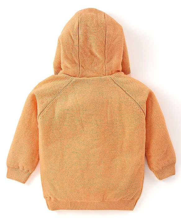 Babyhug Knit Raglan Full Sleeves Solid  Front Open Hooded Sweater- Orange