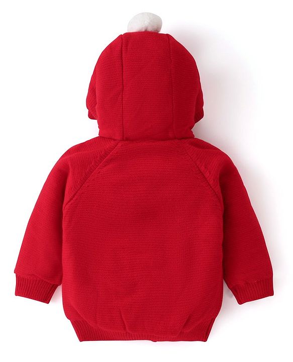 Babyhug Knit Raglan Full Sleeves Solid Front Open Hooded Sweater - Red