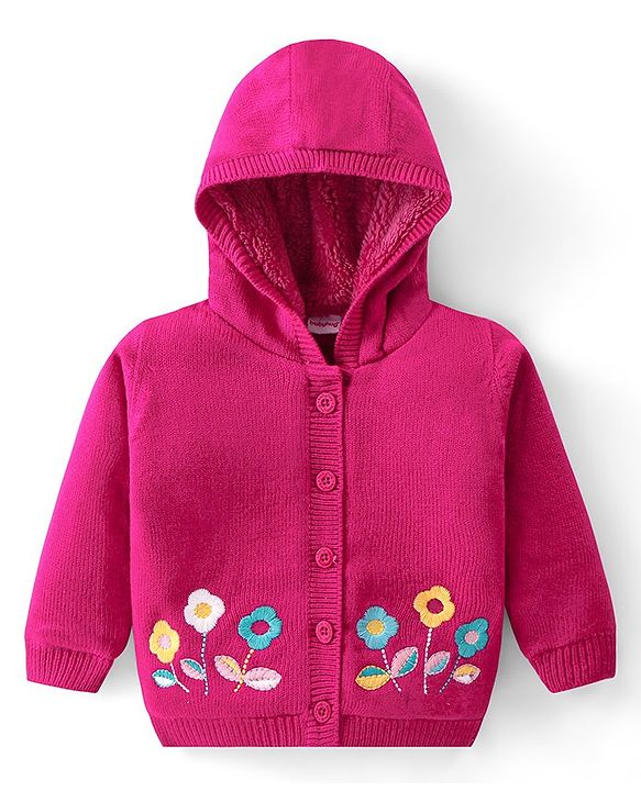 Babyhug Knitted Full Sleeves Front Open Hooded Sweater with Floral Embroidery - Fucshia