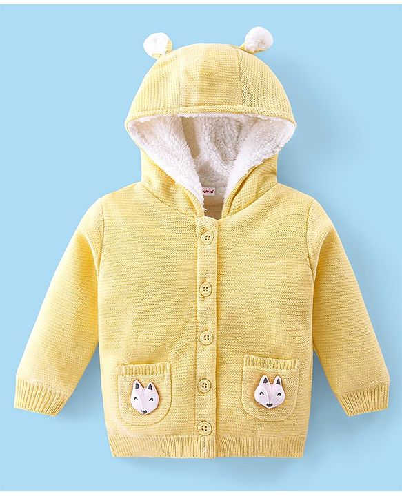 Babyhug Knitted Full Sleeves Hooded Front Open Sweater with Fox Applique - Yellow