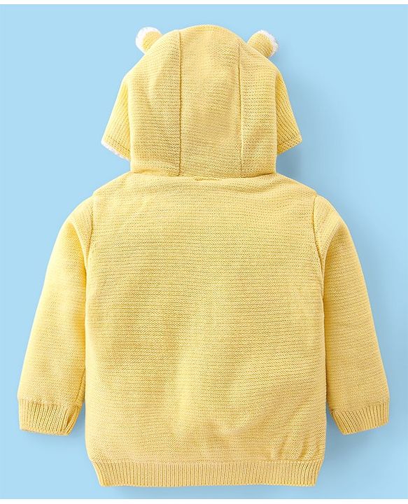 Babyhug Knitted Full Sleeves Hooded Front Open Sweater with Fox Applique - Yellow