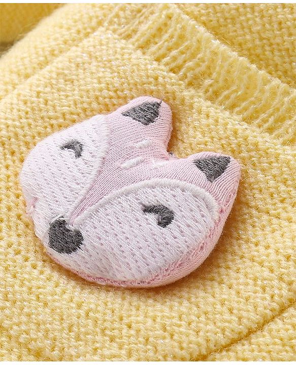 Babyhug Knitted Full Sleeves Hooded Front Open Sweater with Fox Applique - Yellow