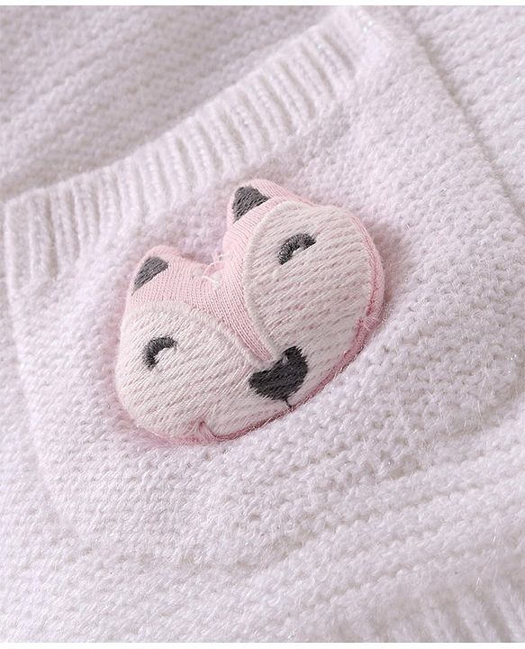 Babyhug Knitted Full Sleeves Hooded Front Open Sweater with Fox Applique - White