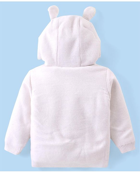Babyhug Knitted Full Sleeves Hooded Front Open Sweater with Fox Applique - White