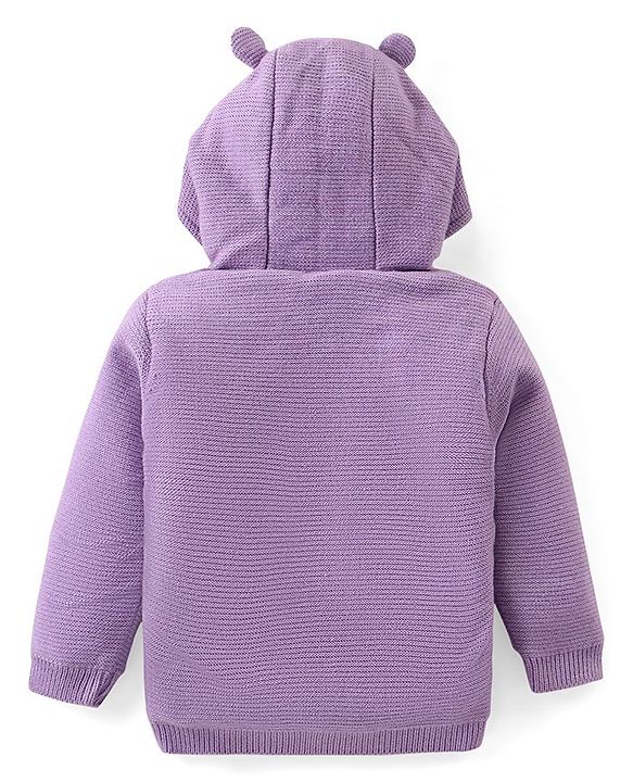 Babyhug Knitted Full Sleeves Hooded Front Open Sweater with Fox Applique - Lavender