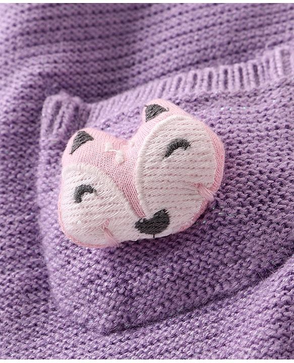 Babyhug Knitted Full Sleeves Hooded Front Open Sweater with Fox Applique - Lavender