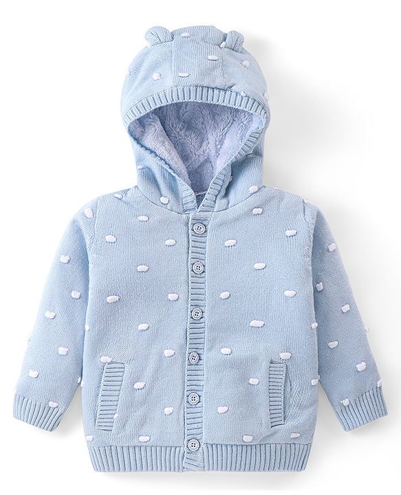 Babyhug Knit Full Sleeves Hooded Sweater with Ear Applique - Blue