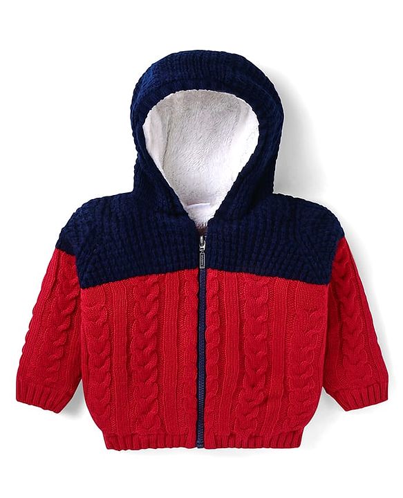 Babyhug Knitted Full Sleeves Front Open Hooded Sweater With Cable Knit Design - Red & Black