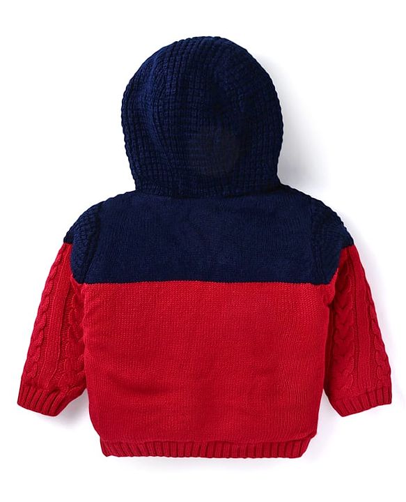 Babyhug Knitted Full Sleeves Front Open Hooded Sweater With Cable Knit Design - Red & Black
