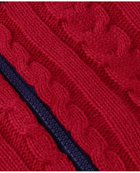 Babyhug Knitted Full Sleeves Front Open Hooded Sweater With Cable Knit Design - Red & Black