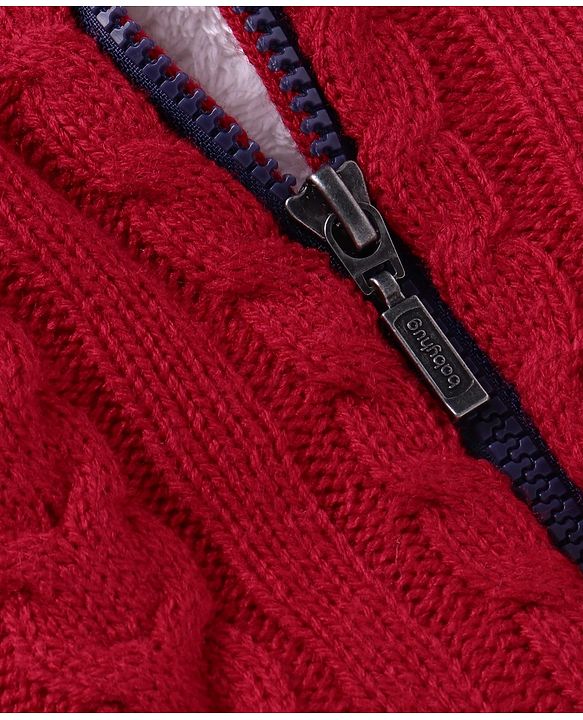 Babyhug Knitted Full Sleeves Front Open Hooded Sweater With Cable Knit Design - Red & Black