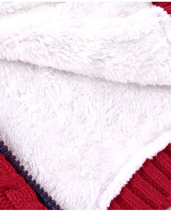 Babyhug Knitted Full Sleeves Front Open Hooded Sweater With Cable Knit Design - Red & Black