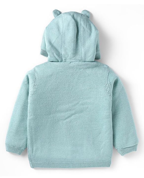 Babyhug Knitted Full Sleeves Front Open Hooded Sweater With Pockets - Light Blue
