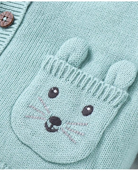 Babyhug Knitted Full Sleeves Front Open Hooded Sweater With Pockets - Light Blue