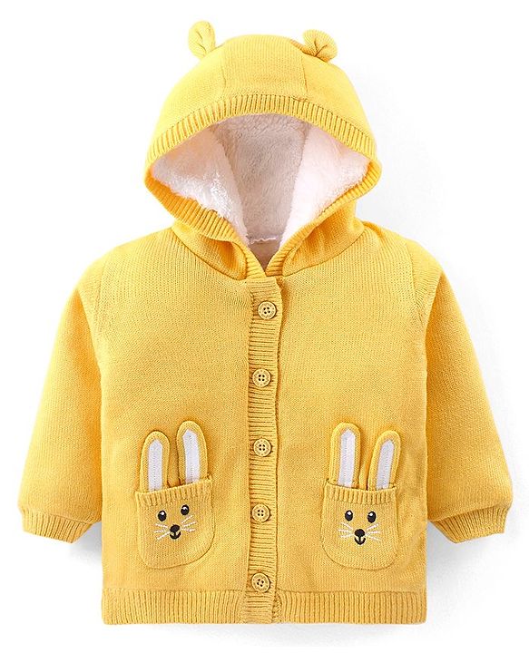 Babyhug Knitted Full Sleeves Hooded Front Open Sweater with Bunny Applique - Yellow