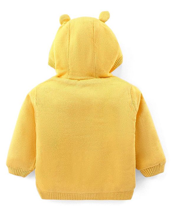 Babyhug Knitted Full Sleeves Hooded Front Open Sweater with Bunny Applique - Yellow