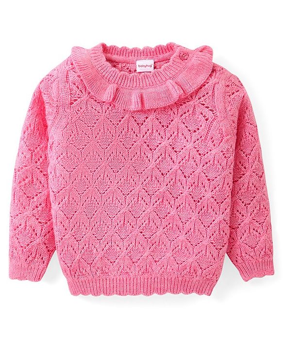 Babyhug Knitted Full Sleeves Pullover Designed Sweater with Frill Detailing - Pink