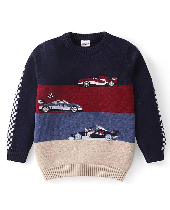 Babyhug Knitted Full Sleeves Pullover Sweater With Colour Block Design & Cars Embroidery - Navy Blue & Red