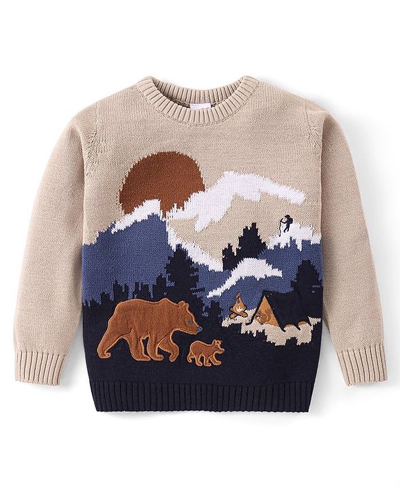 Babyhug Knitted Full Sleeves Pullover Sweater with Scenery Design & Bear Patch - Navy Blue & Cream