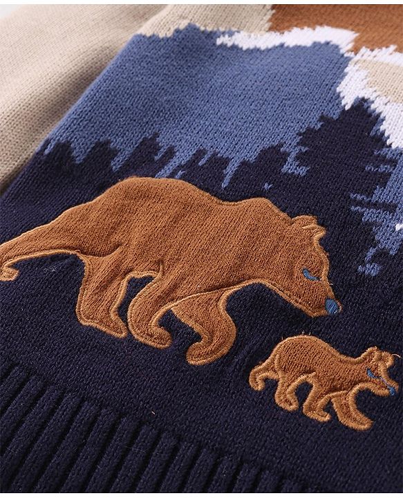 Babyhug Knitted Full Sleeves Pullover Sweater with Scenery Design & Bear Patch - Navy Blue & Cream